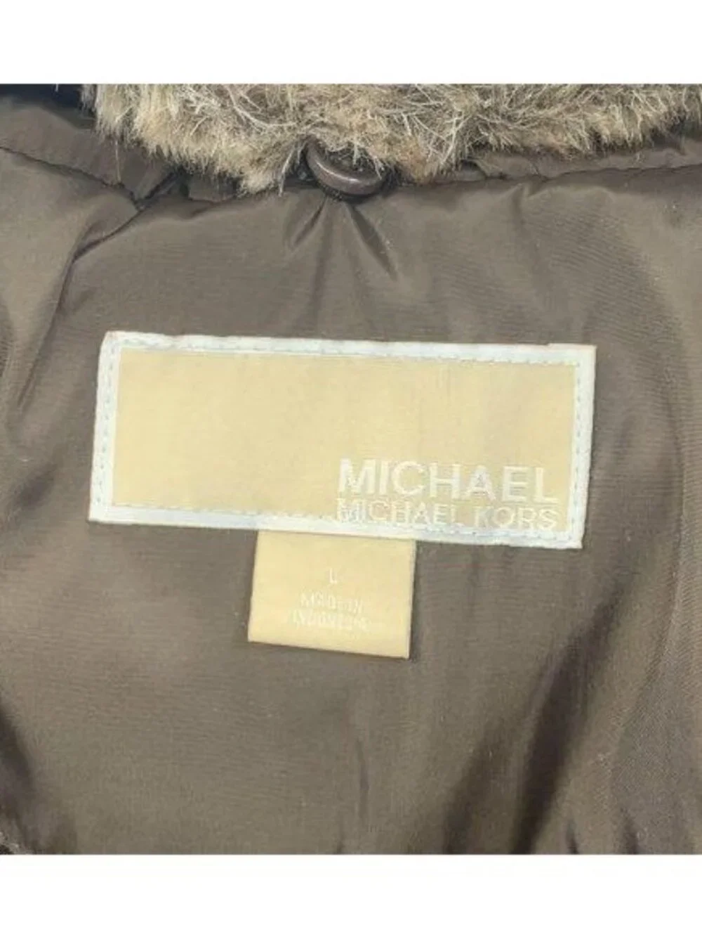 Michael Kors Womens Puffer Coat W/ Faux Fur Collar Brown Size L
